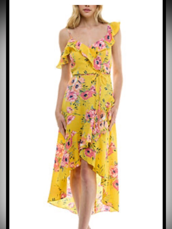 by & by Dresses & Skirts - by & by Yellow Floral High-Low Wrap Dress with Pink Blooms
